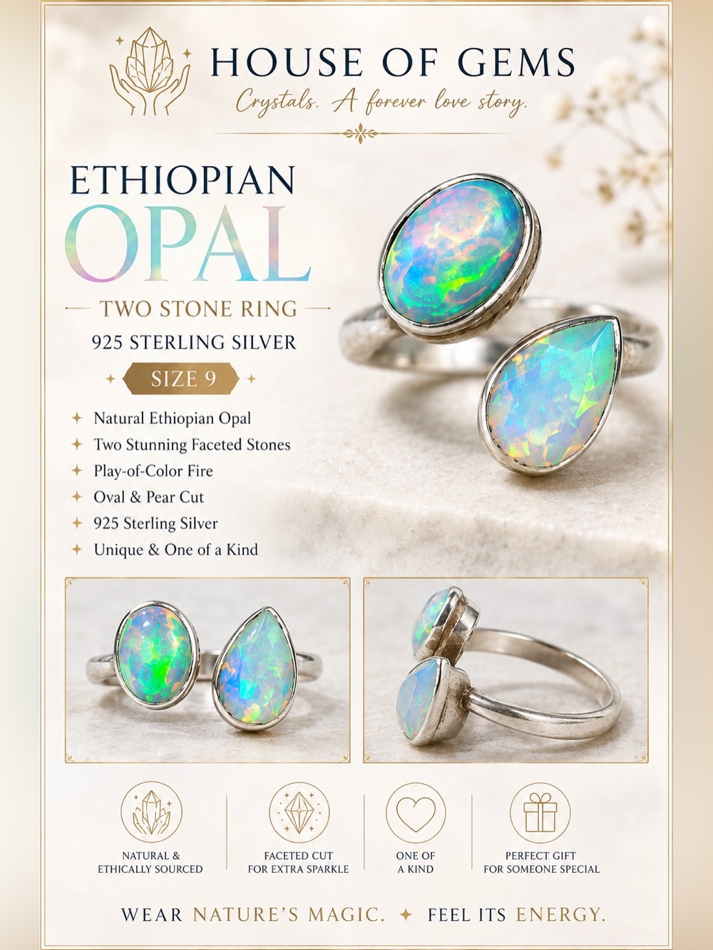 Ethiopian Opal Two-Stone Sterling Silver Ring - Blue-Green Play of Color